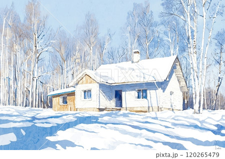 Snowy Cabin in a Winter Wonderland with Watercolor Style Illustration Snowy Cabin in a Winter Wonderland with Watercolor Style Illustration 120265479