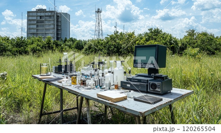 Abandoned science lab in field. Abandoned science lab in field. 120265504