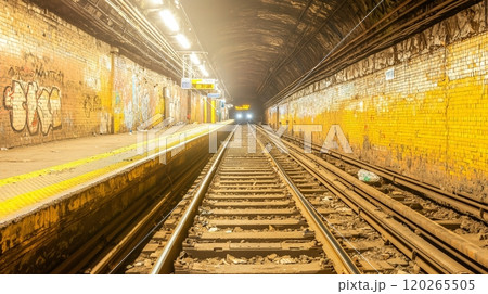 Abandoned Subway Tunnel Tracks with Graffiti and Yellow Brick Walls Abandoned Subway Tunnel Tracks with Graffiti and Yellow Brick Walls 120265505