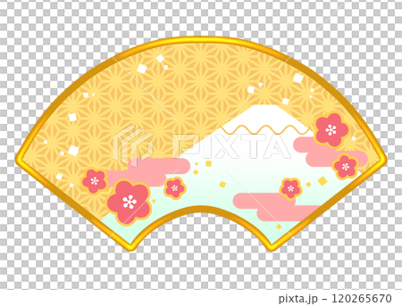 Cute fan-shaped Japanese-style frame illustration of Mt. Fuji and plum blossoms 2 120265670