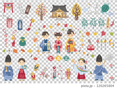 11月　七五三　着物姿の子供たち　紅葉　神社　イラストセット 120265804