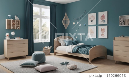 ナチュラルなインテリアの子供部屋(横)01 120266058