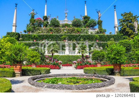 Baroque terraced garden of Borromeo Palace facing Lake Maggiore, Isola Bella (one of the Borromean Islands), Stresa, Italy 120266401
