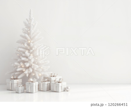 プラチナホワイトのクリスマスツリーとプレゼントボックスが置かれたシンプルな部屋 窓際 差し込む光 120266451