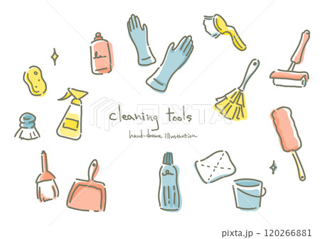 掃除用具セット　お洒落でかわいい手描き線画イラスト 120266881