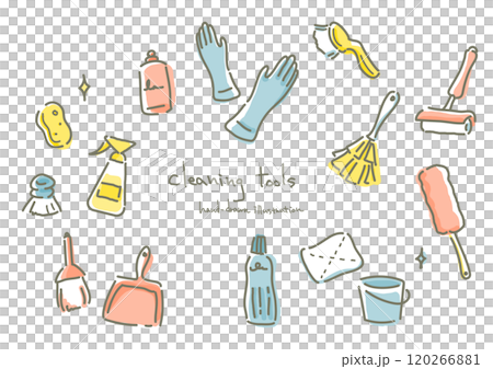 掃除用具セット　お洒落でかわいい手描き線画イラスト 120266881