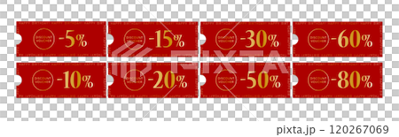 Red and gold coupon vector icon set for birthday sales (2 by discount rate) 120267069
