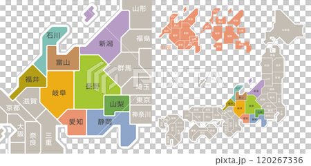 日本地図 中部地方 色分け 都道府県名入り 日本地図 中部地方 色分け 都道府県名入り 120267336