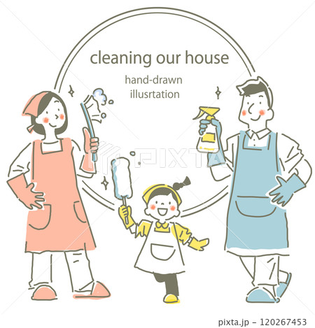 掃除を頑張る若い家族　お洒落でかわいい手描き線画イラスト 120267453
