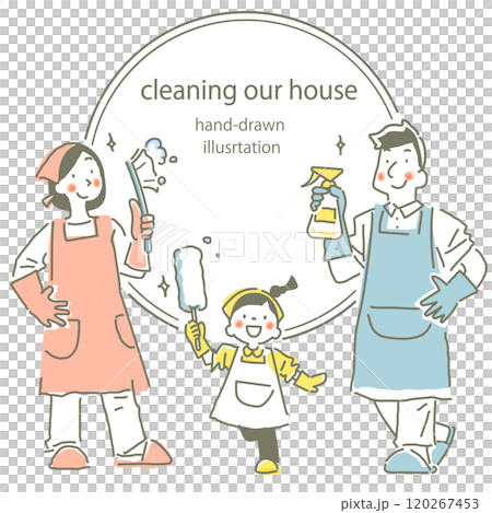 掃除を頑張る若い家族　お洒落でかわいい手描き線画イラスト 120267453