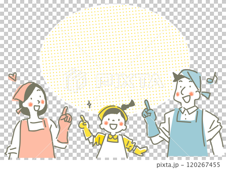 掃除を頑張る若い家族　お洒落でかわいい手描き線画イラスト 120267455