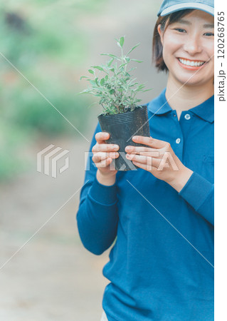 花苗を持つ花農家の女性 120268765