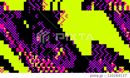 Abstract glitch art with pixelated green and purple patterns on black background Abstract glitch art with pixelated green and purple patterns on black background 120269137
