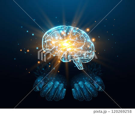 Two human hands are holds human brain. Support healthy brain concept. Wireframe glowing low poly design on dark blue background. Abstract futuristic vector illustration. 120269258