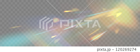 Blurred rainbow refraction overlay effect. Light lens prism effect on transparent background. Holographic reflection, crystal flare leak shadow overlay. Vector abstract illustration Blurred rainbow refraction overlay effect. Light lens prism effect on transparent background. Holographic reflection, crystal flare leak shadow overlay. Vector abstract illustration 120269274