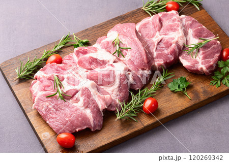 Neck of raw pork meat . Top view 120269342