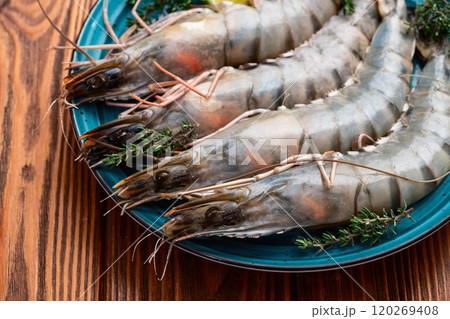 Raw big tiger ( king ) shrimps photography . Top view Raw big tiger ( king ) shrimps photography . Top view 120269408