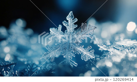 Snowflake sparkling close-up with shining stars abstract winter glitter background 120269414