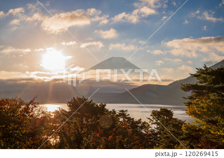 【山梨県】本栖湖畔の紅葉、富士山、太陽 120269415