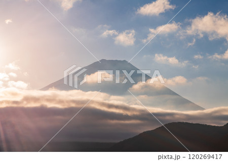 【山梨県】本栖湖畔の紅葉、富士山、太陽 【山梨県】本栖湖畔の紅葉、富士山、太陽 120269417