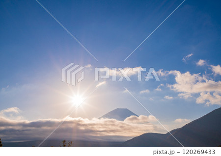 【山梨県】本栖湖畔の紅葉、富士山、太陽 【山梨県】本栖湖畔の紅葉、富士山、太陽 120269433