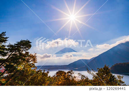 【山梨県】本栖湖畔の紅葉、富士山、太陽 【山梨県】本栖湖畔の紅葉、富士山、太陽 120269441