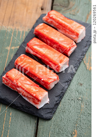 Crab sticks from fish surimi photography . Top view 120269561