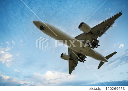 空を飛ぶ旅客機、広角の景色 空を飛ぶ旅客機、広角の景色 120269658