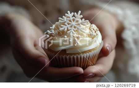 Christmas cupcake in woman's hand, holiday sweet dessert Christmas cupcake in woman's hand, holiday sweet dessert 120269719
