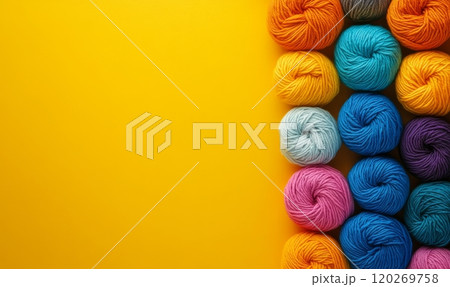 Colorful yarn on yellow background 120269758