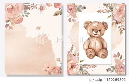 Invitation template with florals and flower and toys, cute design for baby shower or birthday modern invitation. Front and back print template design. 120269801