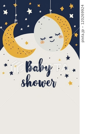 Invitation template with cute sleepy moon, cute design for baby shower or birthday modern invitation. 120269924