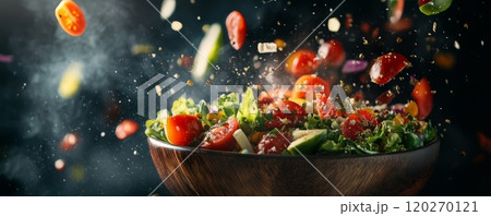 Healthy summer salad with flying ingredients on dark background 120270121