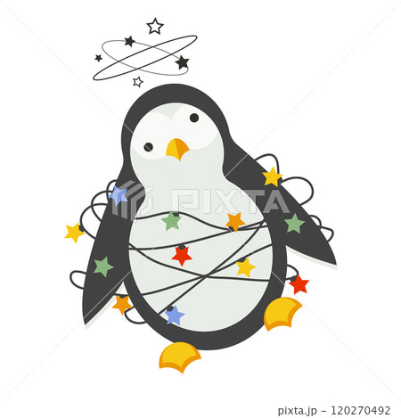 Cute dizzy penguin trapped in Christmas garland lights. Vector clip art. Cute dizzy penguin trapped in Christmas garland lights. Vector clip art. 120270492