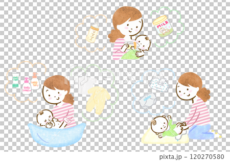 赤ちゃんのお世話をする母親と小物類の手描きイラストセット 120270580