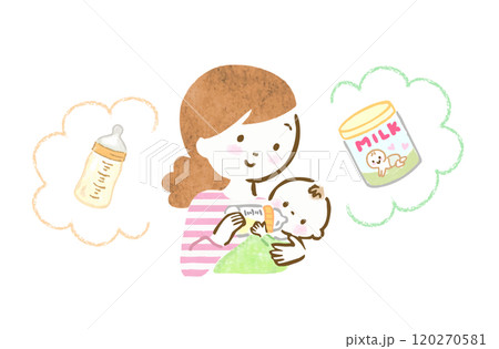 赤ちゃんにミルクをあげている母親の手描きイラスト 赤ちゃんにミルクをあげている母親の手描きイラスト 120270581