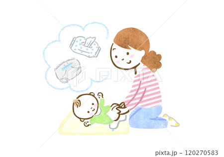 赤ちゃんのおむつ替えをする母親と小物類の手描きイラスト 赤ちゃんのおむつ替えをする母親と小物類の手描きイラスト 120270583