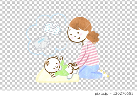 赤ちゃんのおむつ替えをする母親と小物類の手描きイラスト 赤ちゃんのおむつ替えをする母親と小物類の手描きイラスト 120270583