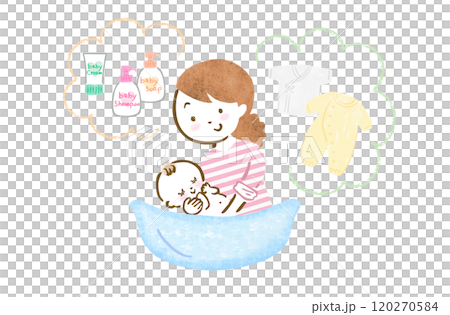 母親幫嬰兒洗澡和配件的手繪插圖 120270584