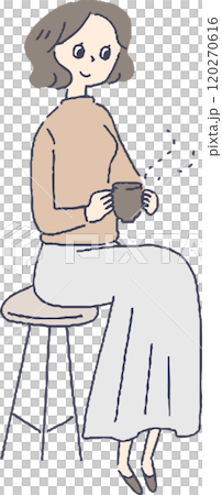 温かい飲み物を持って座る女性 120270616