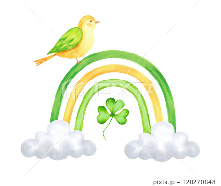 Rainbow with clouds and clover petals with bird for St. Patrick's Day. Watercolor and marker illustration. Hand drawn isolated sketch. Composition with animal for cards, stickers or template. Rainbow with clouds and clover petals with bird for St. Patrick's Day. Watercolor and marker illustration. Hand drawn isolated sketch. Composition with animal for cards, stickers or template. 120270848