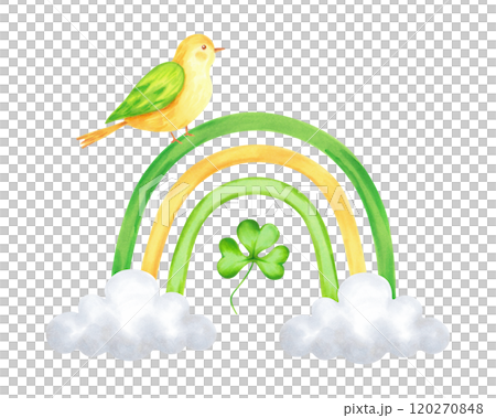Rainbow with clouds and clover petals with bird for St. Patrick's Day. Watercolor and marker illustration. Hand drawn isolated sketch. Composition with animal for cards, stickers or template. 120270848