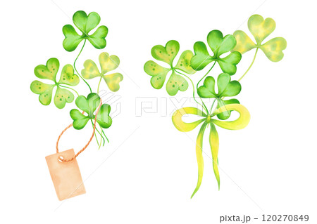 Clover petals with paper brown empty tag and bow. Symbol, mascot of St. Patrick's Day. Watercolor and marker illustration. Hand drawn isolated sketch. Composition for cards, stickers or template. 120270849