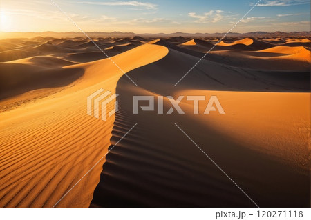 Golden Sand Dunes in Desert with Distant Mountains 120271118