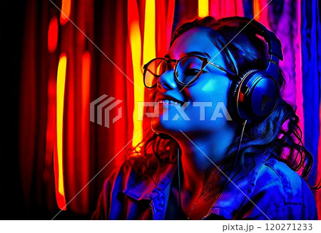 Young Woman Listening to Music with Headphones in Urban Night Setting 120271233