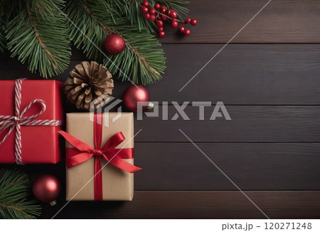 Christmas Gift Boxes with Pine Cones and Greenery on Wooden Background Christmas Gift Boxes with Pine Cones and Greenery on Wooden Background 120271248