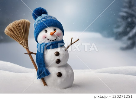 Cheerful Snowman with Blue Hat and Scarf Holding Broom in Winter Landscape Cheerful Snowman with Blue Hat and Scarf Holding Broom in Winter Landscape 120271251