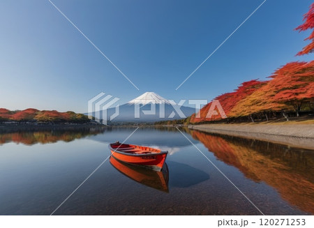 Mount Fuji Reflected in Lake with Vibrant Autumn Foliage Mount Fuji Reflected in Lake with Vibrant Autumn Foliage 120271253