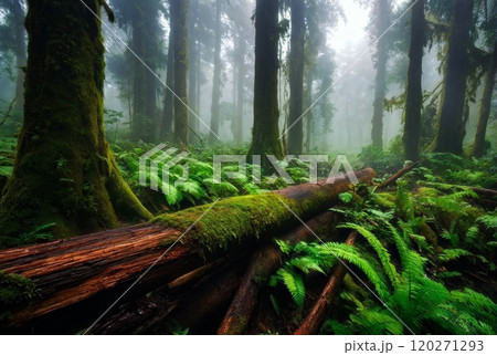 Misty Forest with Mossy Trees and Lush Ferns Misty Forest with Mossy Trees and Lush Ferns 120271293