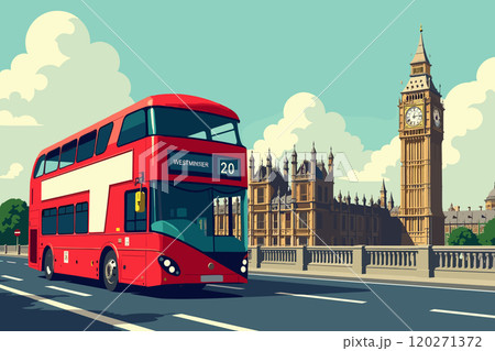 Iconic Red Double-Decker Bus Driving Near Big Ben in London Iconic Red Double-Decker Bus Driving Near Big Ben in London 120271372
